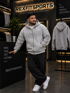 REXFITSPORTS 2026 – Sweat à capuche zippé gris clair pour homme, style streetwear, avec broderie personnalisée et motif étoile sur la manche, en polaire - Product Image 2