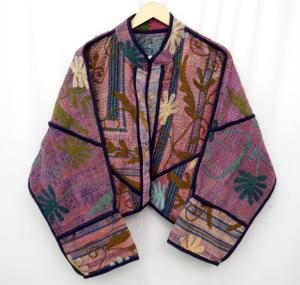 Floral Embroidered Knitted <b>Kantha</b> <b>Jacket</b> Women's Mandarin Collar Full Sleeve Autumn 100% Cotton Lining Woven - Product Image 3