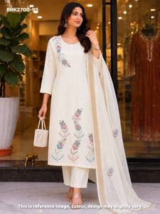 Proveedor de la mejor colección de conjuntos de Kurti-Pant y Dupatta rectos con bordados romanos hechos a mano (Zardozi y con cuentas) de Surat. - Product Image 4