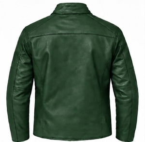 Chaqueta de Cuero Sintético Verde para Hombre, Estilo Motero, Cuello Alto, Cierre de Cremallera, Logotipo Grabado, Estilo Moto, para Otoño - Product Image 2