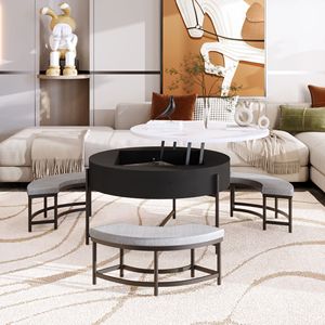 Tavolino da Caffè Moderno Rotondo con Piano Sollevabile e Contenitore, Bianco e Nero, 3 Pouf - Product Image 1