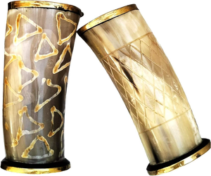 Eco-Friendly Handmade Natural Horn Glass Drinking <b>Cup</b> Set with Brass Rim Diamond Engraved Tribal Painted Design REHMAN CRAFT - Product Image 2