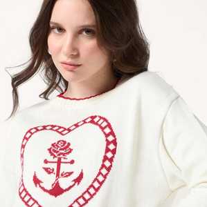 Pull d'hiver chaud en acrylique pour femme, décontracté, avec empiècements de couleur, col et ourlet à surpiqûres contrastées, blanc - Product Image 2