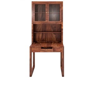 <b>Solid</b> <b>Wood</b> Home Office Desk with Glass Door Hutch | Tall Study Table with <b>Bookcase</b> | Jodhpur Export - Product Image 1