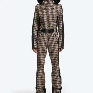 Custom Logo Women's One Piece Ski Suit Waterproof Windproof Slim Fit Belted Snowsuit with Faux Fur Hood Winter Snow <b>Jumpsuit</b> - Product Image 3
