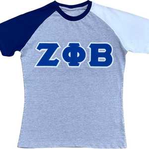 T-shirt à manches raglan Zeta Phi Beta, gris et bleu, broderie de lettres grecques, t-shirt pour femme, coupe décontractée et élégante - Product Image 2