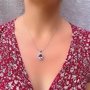 Natural <b>Amethyst</b> Halo Oval Silver Pendant Elegant Purple Gemstone Jewelry February Birthstone Gift For Women Pendant - Product Image 3