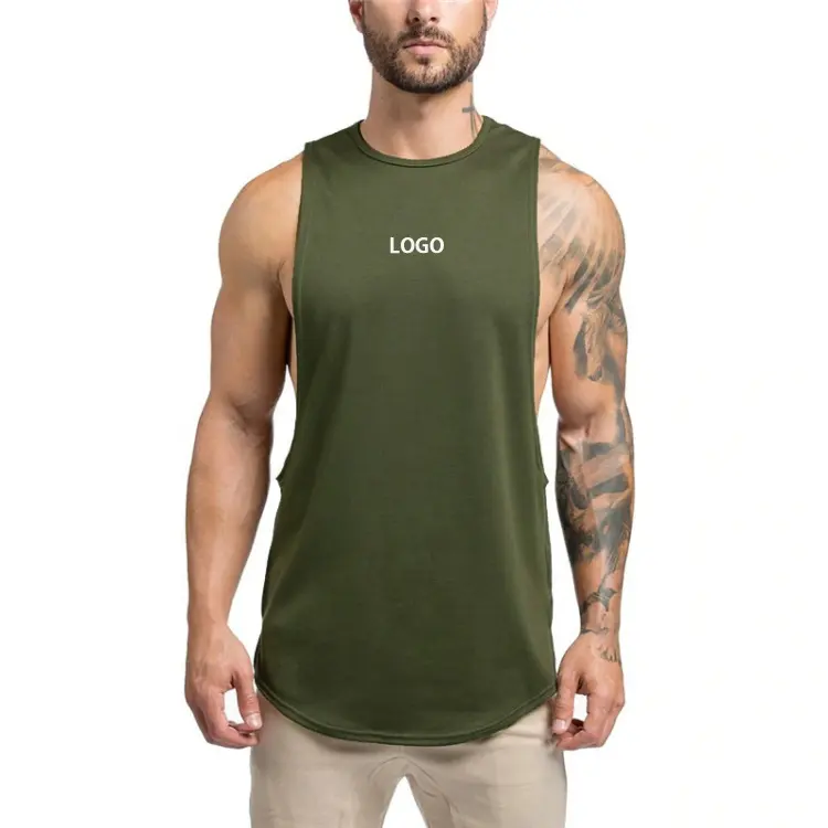 Olive Green Soft 100%Cotton Elastane blend Gym Fitted Muscle Tee Fashion Design Cut Off Shirt High Neck Curved Hem Tank Top