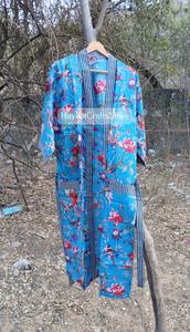 Bata Kimono Larga a Rayas para Mujer, Estampado de Bloques, Manga Larga, 100% Algodón Suave, Ropa de Dormir Casual de Verano con Cierre de Cordón - Product Image 2
