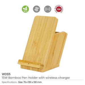 Portaplumas de Bambú con Cargador Inalámbrico, Organizador de Escritorio Independiente, Diseño Minimalista, Estante de Almacenamiento de un Solo Nivel, Hecho a Mano - Product Image 3