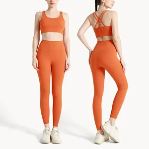 Light <b>Blue</b> Spandex/Nylon Seamless Yoga Leggings Set Women High Waist Full Length Breathable Sports <b>Bra</b> Cross Back Athletic Wear - Product Image 3