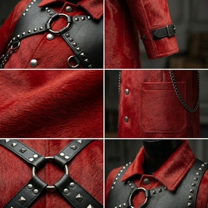 Custom Men Hair On Hide Real Leather Trench Coat Wholesale Studded Harness Heavy Metal Chain <b>Punk</b> Overcoat Supplier Factory - Product Image 6