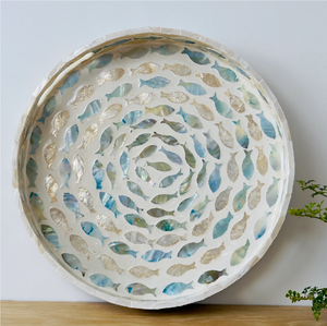 Plateau en nacre avec motif de feuilles, poignée en métal, forme ronde ovale, objet décoratif, plateau en nacre - Product Image 5