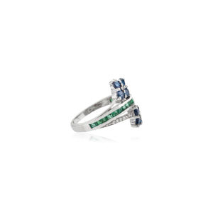 Wholesale Unique Bypass Flower Pattern 925 Sterling <b>Silver</b> Luxury Rhodium Plated Blue Sapphire & <b>Emerald</b> Wedding <b>Ring</b> Gift - Product Image 5