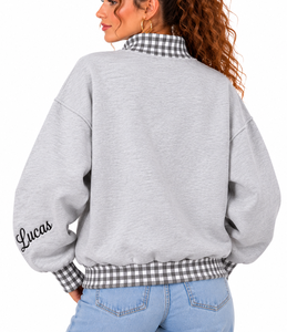 Women’s Custom Gingham <b>Mock</b> Neck Sweatshirt 100% Cotton Fleece Boxy Fit Oversized Pullover OEM Private Label Streetwear - Product Image 3