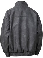 Veste en cuir PU délavé gris anthracite vintage unisexe sur mesure, coupe ample, col montant, fermeture éclair, imperméable, respirante, coupe-vent