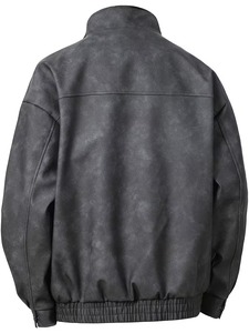 Veste en cuir PU délavé gris anthracite vintage unisexe sur mesure, coupe ample, col montant, fermeture éclair, imperméable, respirante, coupe-vent - Product Image 6
