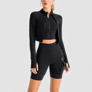 Conjunto Deportivo para Mujer, Top Deportivo, Chaqueta de Manga Larga, Pantalones Cortos de Cintura Alta, Resistente a Impactos - Product Image 3