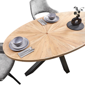 Table de salle à manger moderne en bois d'acacia de haute qualité, design industriel, plateau ovale à rayures, pieds en métal araignée - Product Image 1