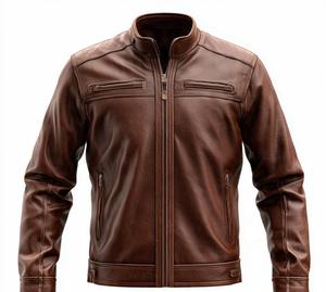 Veste en cuir véritable marron de qualité supérieure pour homme, style moto, col montant, fermeture éclair, pour l'automne - Product Image 1