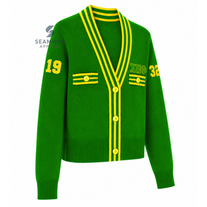 เสื้อคาร์ดิแกนไหมพรมแบบวาร์ซิตี้สำหรับผู้หญิง แบรนด์ Chi Eta Phi คอวี ติดกระดุมด้านหน้า แต่งขอบลายริบ ปักลายสไตล์พรีปปี้ - Product Image 2