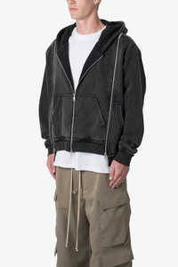 Sudadera con capucha de algodón lavado vintage para hombre, estilo oversize, con doble cremallera, tipo chaqueta streetwear, teñida, de peso pesado, OEM - Product Image 2