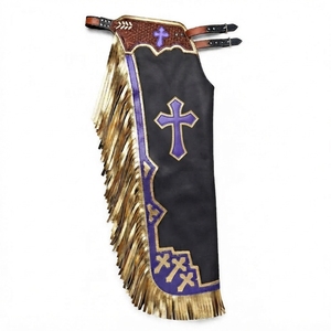 Western Rodeo Chaps With Purple Cross Embroidery <b>Gold</b> Fringe Full Length Unisex Horse Riding Wear - Product Image 1