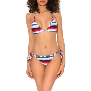 Conjunto de bikini a rayas de 2 piezas para mujer, top triangular, braguita con lazo lateral, cuello halter, cordón ajustable, traje de baño de punto de ajuste regular - Product Image 1