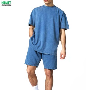 ชุดเสื้อยืดคอตตอนสีน้ำเงินสำหรับผู้ชาย ทรงโอเวอร์ไซส์ คอกลม สไตล์ลำลอง ชุดฤดูร้อน 2 ชิ้น สีพื้น ผ้าถักระบายอากาศได้ดี - Product Image 2