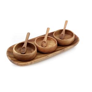Cuenco para servir de madera de Acacia pura ecológica 100% con bandeja, cuchara, producto al por mayor, producto para el hogar, Hotel, restaurante, patrón, servicio de comida - Product Image 2