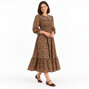 Women’s Ditsy Floral Midi <b>Dress</b> with Ruffled Peter Pan Collar Smocked Bodice and Three Quarter Puff Sleeves - Product Image 2