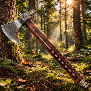 Hacha Tomahawk de Acero de Damasco Hecha a Mano por Edge Master Manufacture con Mango de Madera y Funda de Cuero, Personalización ODM/OEM Disponible - Product Image 4