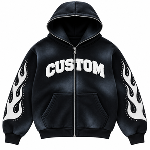 Sweat-shirt à capuche zippé personnalisé unisexe oversize en molleton bouclette avec poche, noir et blanc, style Hip Hop Streetwear pour l'avant - Product Image 1