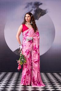 ผ้าส่าหรีผ้าไหมซาตินพิมพ์ลายพรีเมียม พร้อมขอบลูกไม้มุก ลายดอกลิลลี่สุดหรู สำหรับงานแต่งงานแบบอินเดียและงานเลี้ยงสำหรับผู้หญิง - Product Image 5