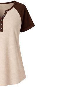 Beige Brown Women T Shirt Short Sleeve Henley Neck Raglan Tee Soft Cotton Casual Summer <b>Top</b> Breathable Comfortable Daily Wear - Product Image 5