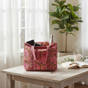 Floral Printed Quilted Reversible Handmade Tote <b>Bag</b> <b>Long</b> Handle Zipper Closure Shopping Travel Supermarket Daily Use - Product Image 2