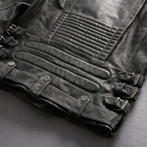 Veste zippée décontractée à col montant en cuir de vachette véritable pour homme et moto - Product Image 4