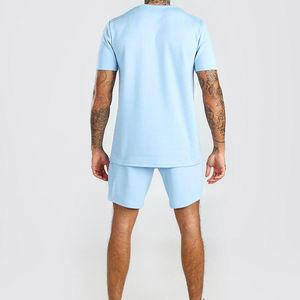 Ensemble t-shirt et short pour homme, bleu clair, col rond, couleur unie, vêtements décontractés d'été, coton tricoté, respirant, coupe classique - Product Image 4