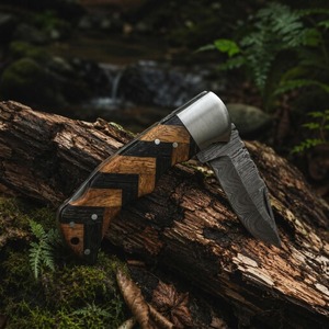 Cuchillo de Acero de Damasco con Punta Caída, Mango de Madera, Hoja Recta, Cuchillo Plegable de Bolsillo para Camping, 6.5 Pulgadas de Longitud Total - Product Image 1