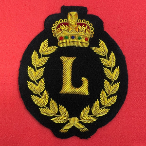 Custom Hand Embroidered Badge With Crown & Letter Gold Bullion Wire Laurel Wreath <b>Sew</b>-On Patch For Garment Nonwoven Felt Badge - Product Image 4