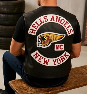 เสื้อกั๊กหนังวัวแท้ 100% สีดำ ปักลายหัวกะโหลก Hells Angels New York - Product Image 1