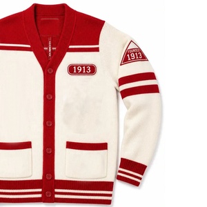 University Sorority <b>Women</b> Knitted <b>Cardigan</b> Sweater Cream Red Varsity V-Neck OEM Single Breasted Sweater <b>with</b> <b>Pockets</b> - Product Image 3