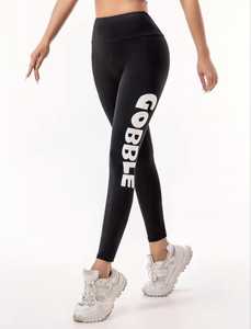 Leggings noirs taille haute pleine longueur avec imprimé lettres blanches, style sportif, en tissu tricoté extensible, toutes saisons, pour femme, pour l'entraînement - Product Image 2