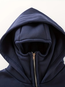 Men's <b>Navy</b> Blue Solid Knitted Hooded Zip-Up <b>Sweatshirt</b> Regular Fit Casual Long Sleeve Front Pocket Winter Wear 100% Cotton - Product Image 3