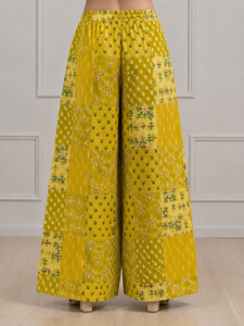 Pantalones Palazzo Estampados con Parches de Color Amarillo, Cintura Alta con Cordón, Pantalones de Playa de Verano, Estilo Boho Holgado, Proveedor Mayorista - Product Image 1