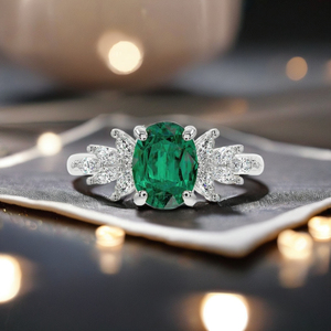 Anillo de racimo de diamantes de corte brillante y esmeralda verde de alta calidad, banda de aniversario/Compromiso de oro de 10K 14K 18K - Product Image 1