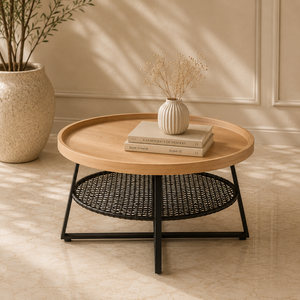 Hot Selling <b>Round</b> Coffee <b>Table</b> With Wood Top Metal Frame And Rattan Net Shelf Modern Minimalist Living Room Furniture - Product Image 1