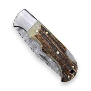 Cuchillo Plegable de Acero de Damasco con Mango de Asta de Ciervo y Funda de Cuero, para Bolsillo, EDC, Caza, Camping, Soporte OEM Personalizado - Product Image 3
