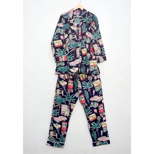 Ensemble de pyjama en coton à imprimé floral confortable - Deux pièces, respirant, vêtements de détente, taille élastique pour les vacances et l'usage quotidien - Product Image 4