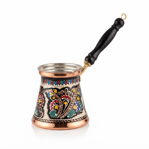 Cafetera Turca Cezve de Cobre Pintada a Mano con Esmalte Colorido, Decorativa con Diseño Floral Griego Briki, con Mango de Madera Resistente al Calor - Product Image 1
